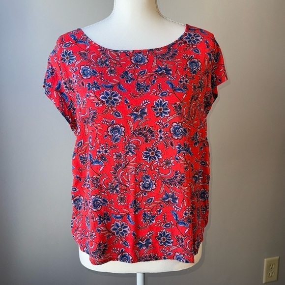 Ava Christine Tops - Ava Christine Blouse Short Sleeves Red & Blue Floral Lightweight Rayon Size XL